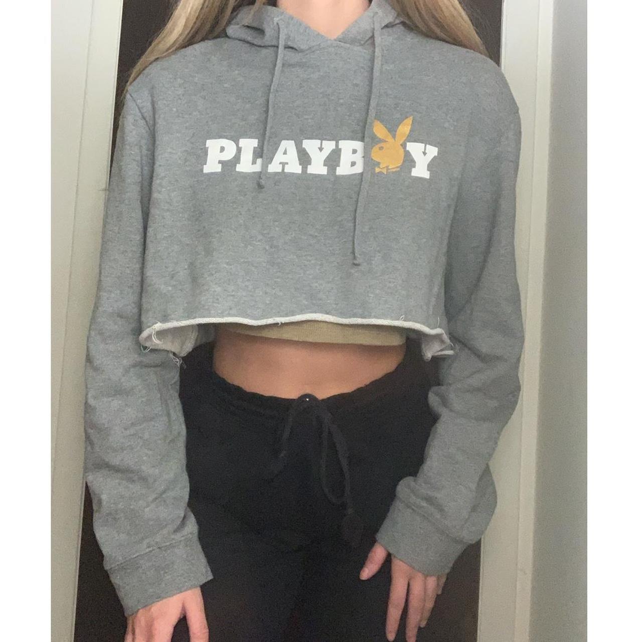 grey cropped playboy hoodie super cute it s a