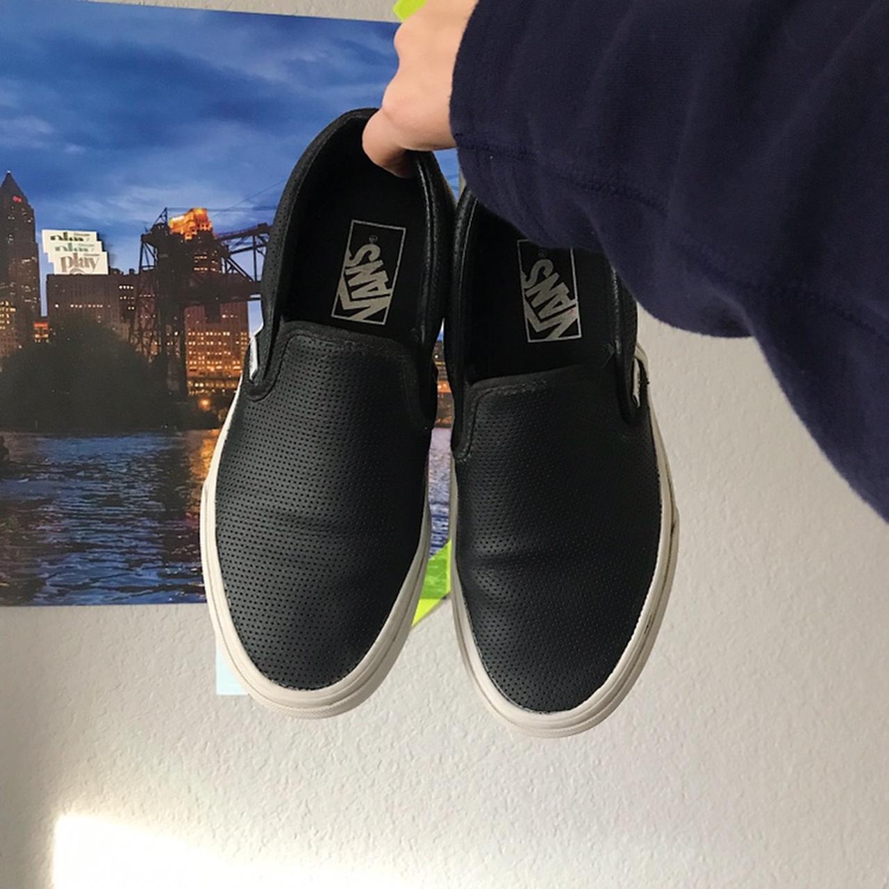 black perforated leather slip on vans 🎱 minimal... Depop