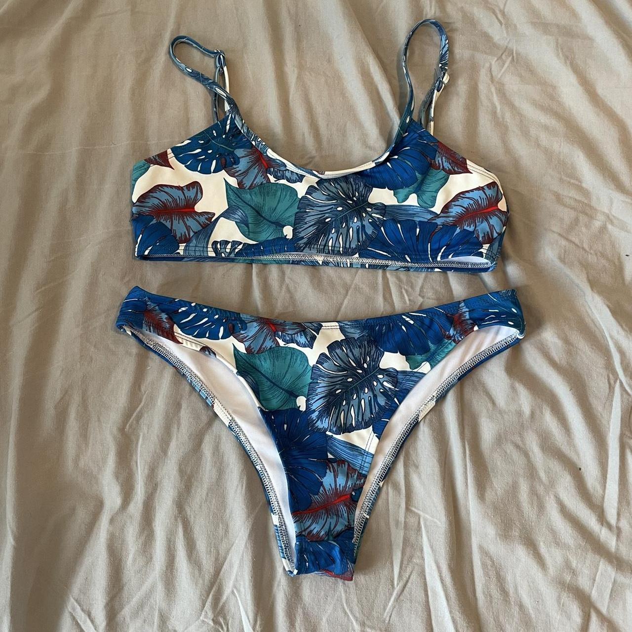 plt blue leave patterned bikini • never worn, just... - Depop