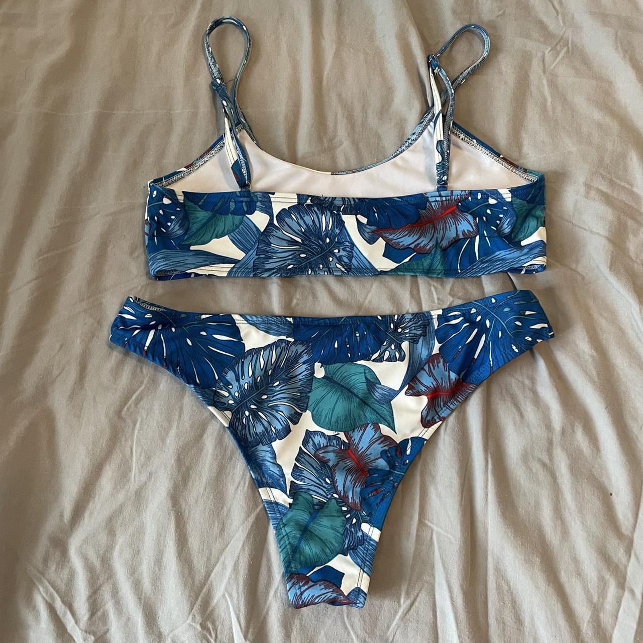 plt blue leave patterned bikini • never worn, just... - Depop