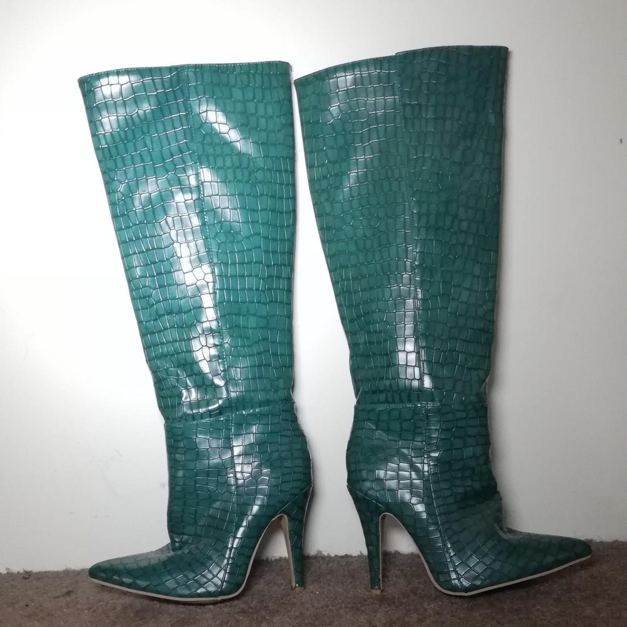 🐊Super fun knee high green heeled boots with a scale... Depop