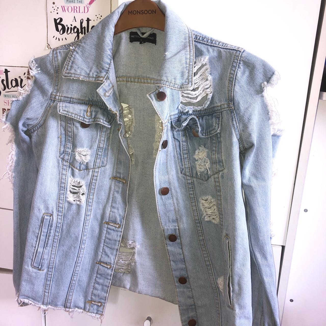 PRETTYLITTLETHING Distressed Denim Jacket Light Blue... - Depop