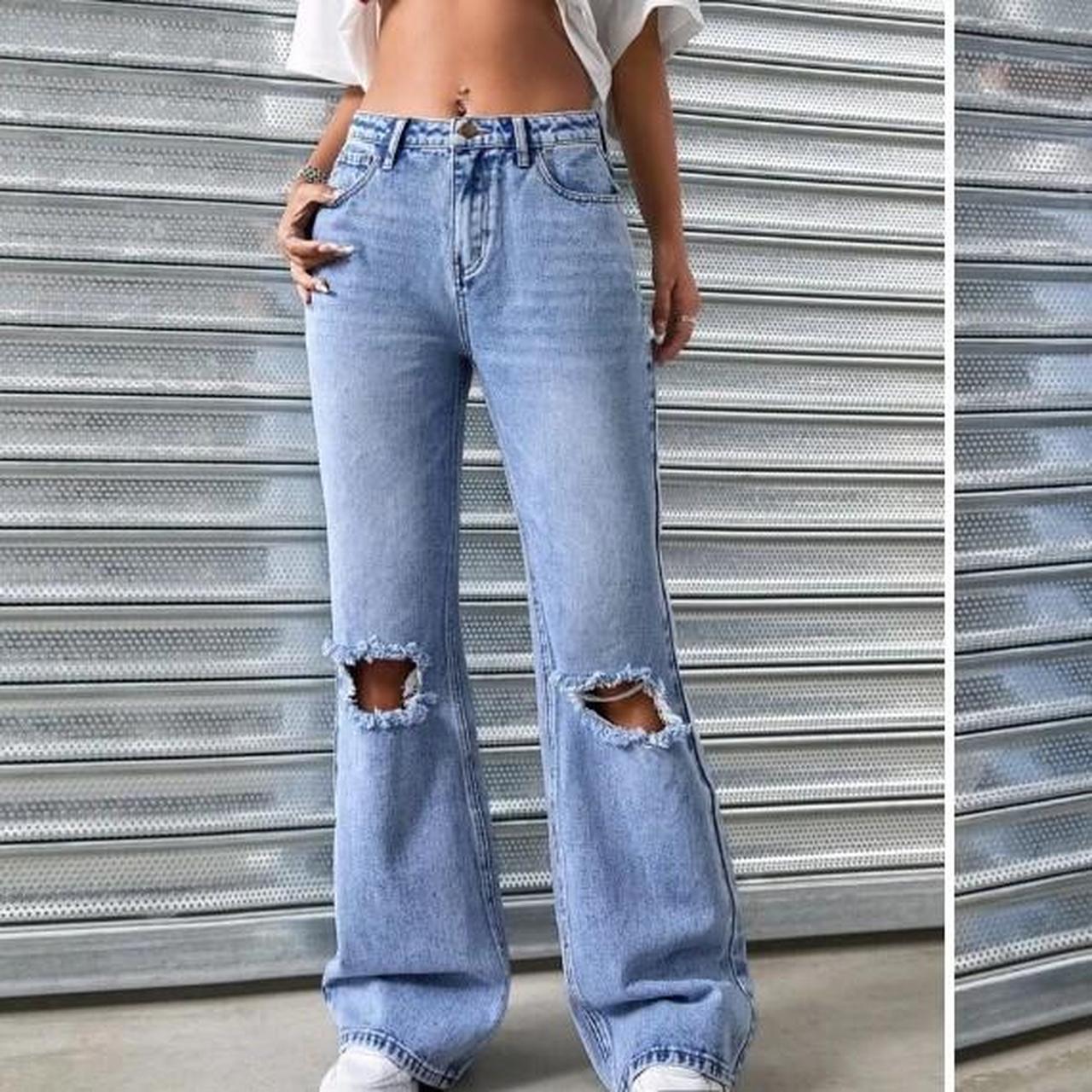 Modern blue women's baggy high waisted ripped jeans.... - Depop