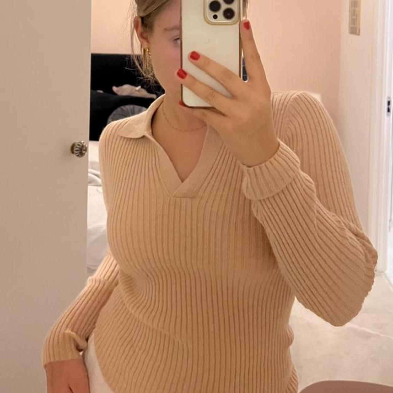 baby pink knit jumper with collar. size S Depop