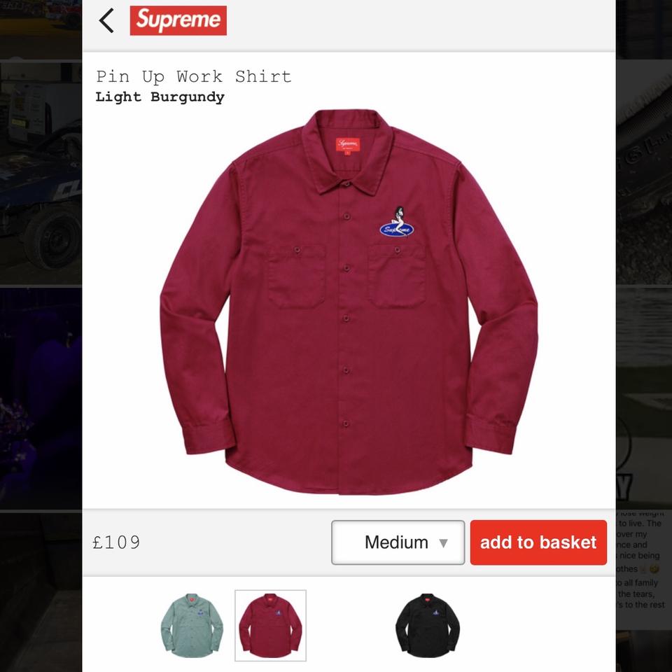 supreme mens work shirt pin up    ONLY ONE SEEN ON... - Depop