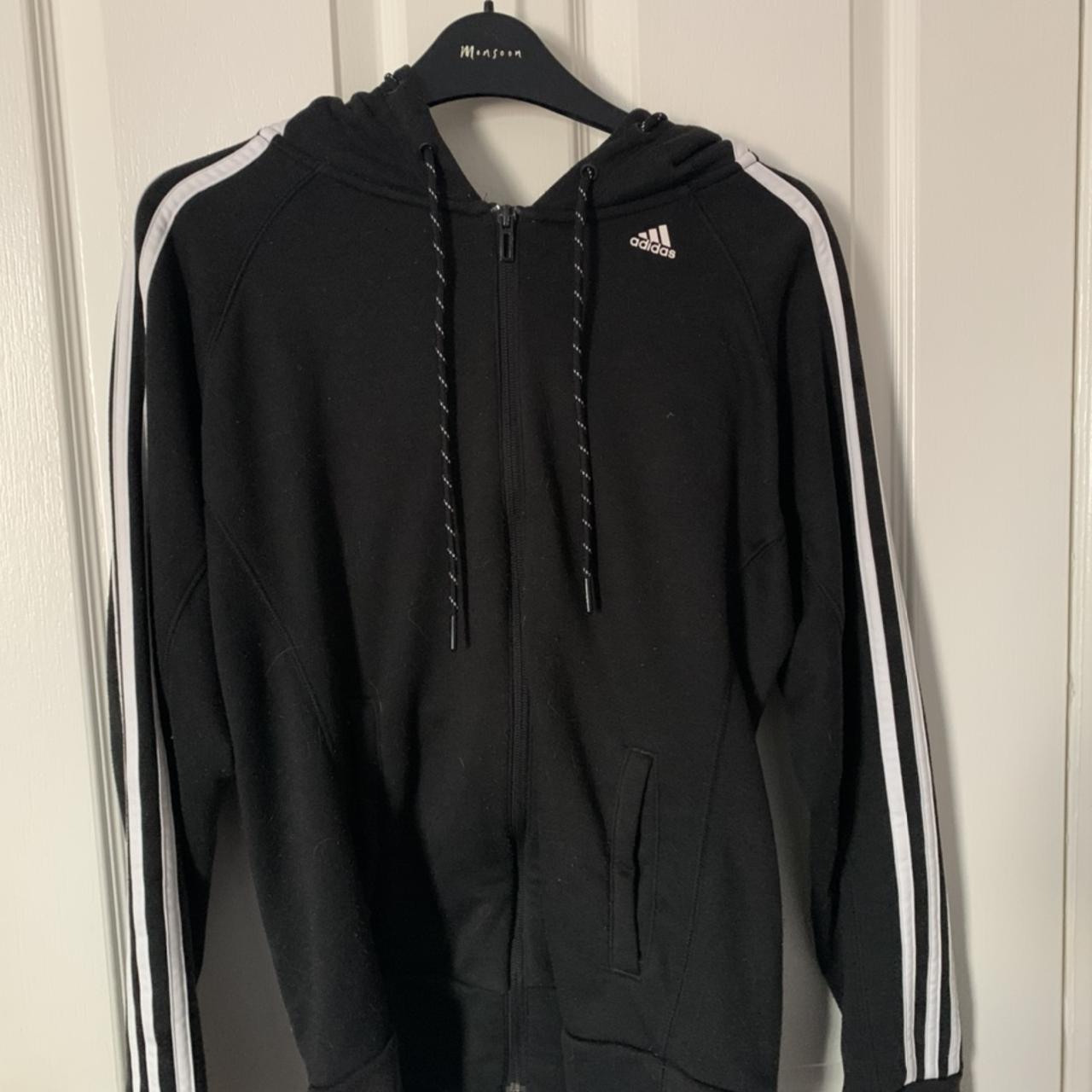 Adidas essentials black zip up hoodie with white... - Depop