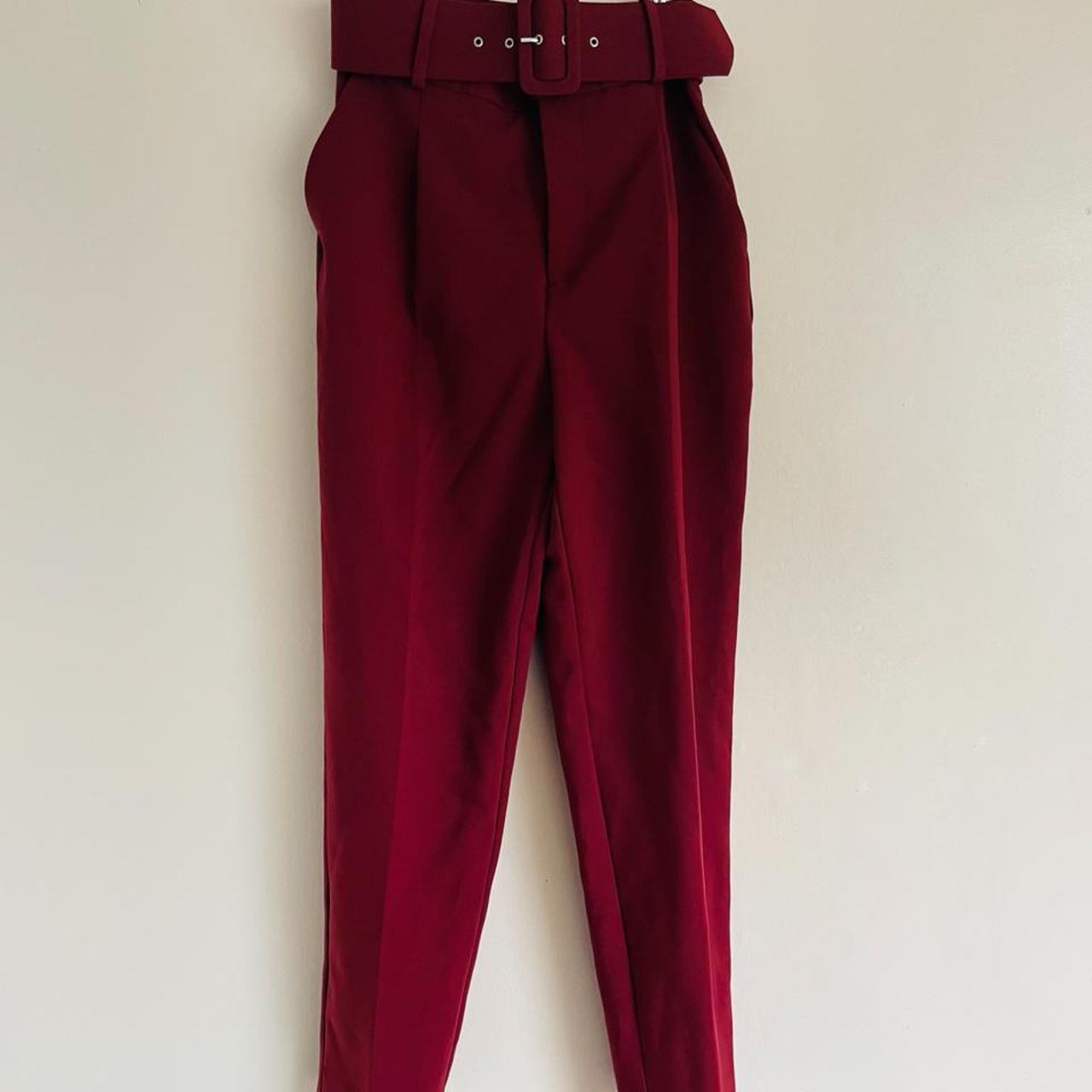 Zara red high waisted trousers with belt (Size XS)... - Depop