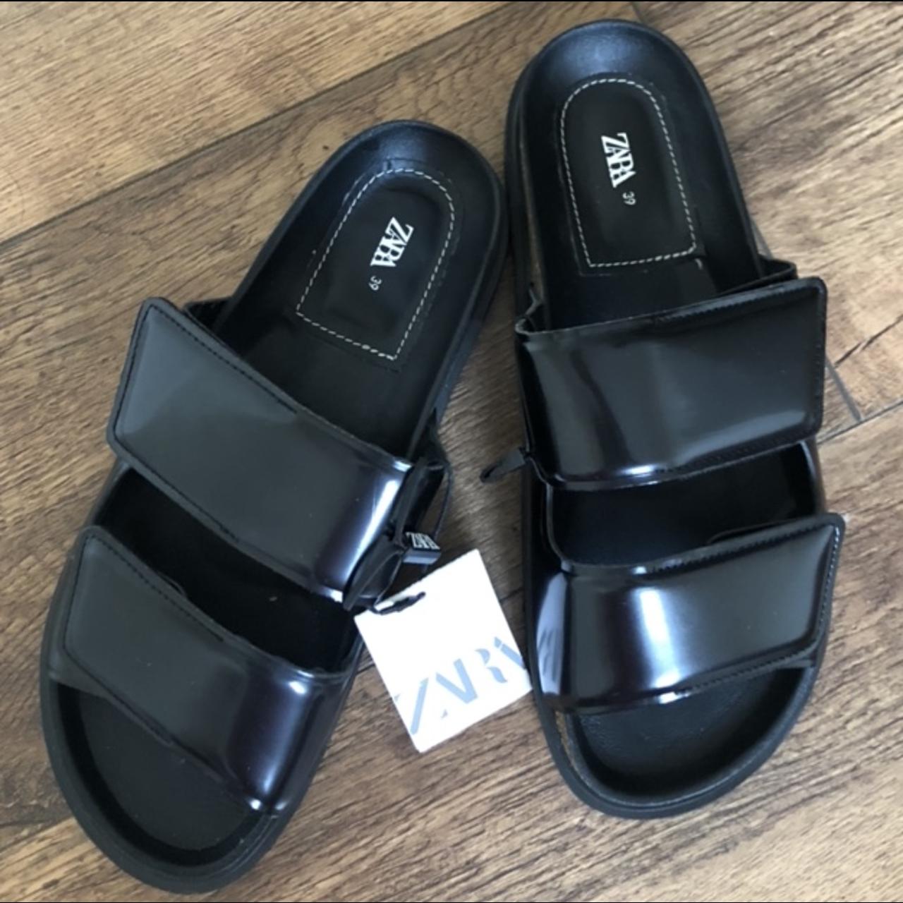 Zara black leather double strap sandals, sliders... - Depop
