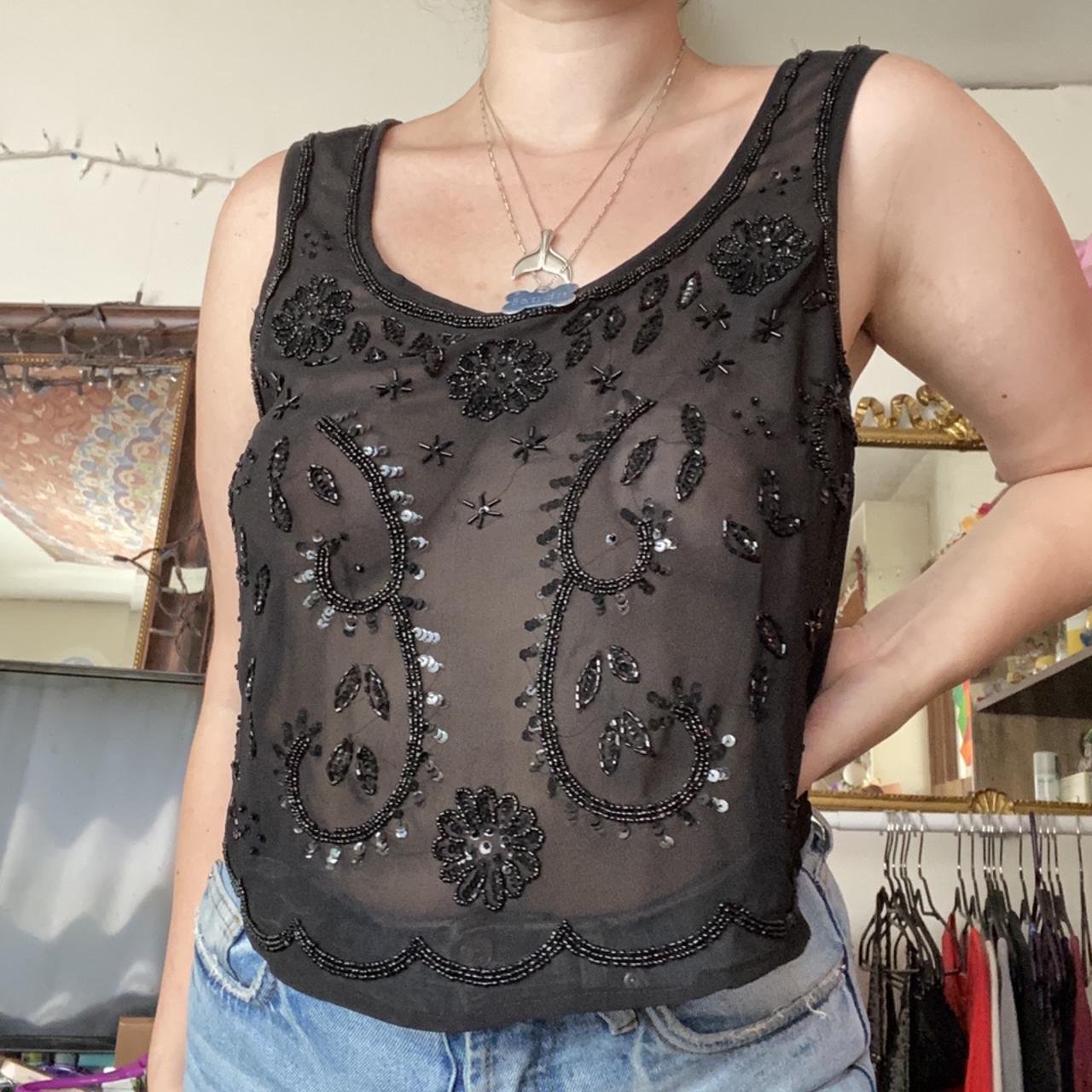 🖤 Beautiful Sheer Black Beaded Blouse 🖤 Pre Loved Depop 1287