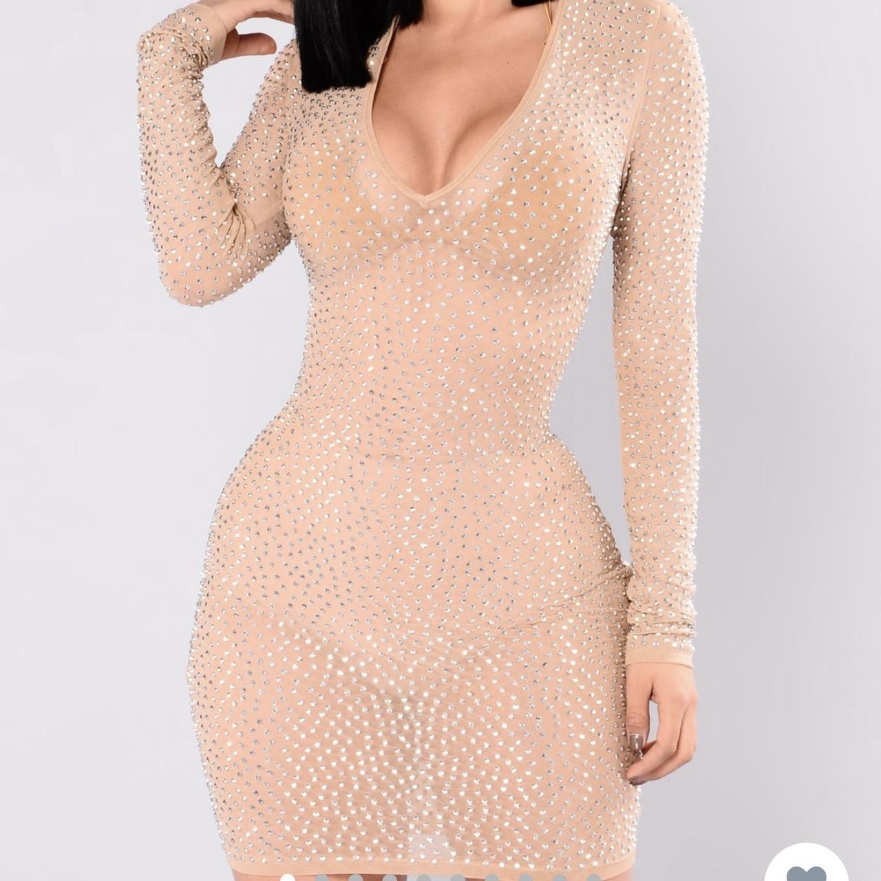 Fashion Nova long sleeve nude sequin dress. Size S,... - Depop