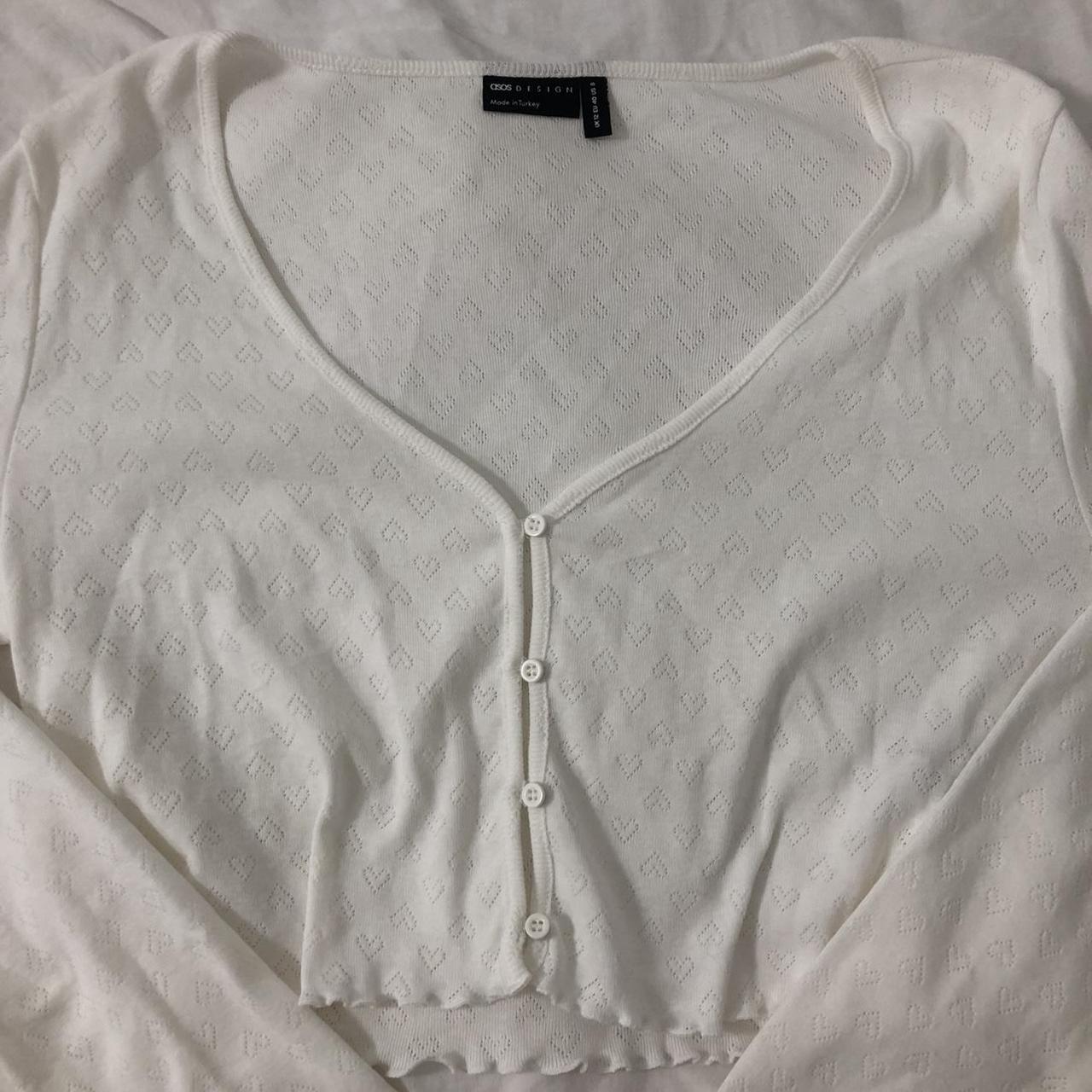 White Heart Pointelle Cropped Cardigan From Depop