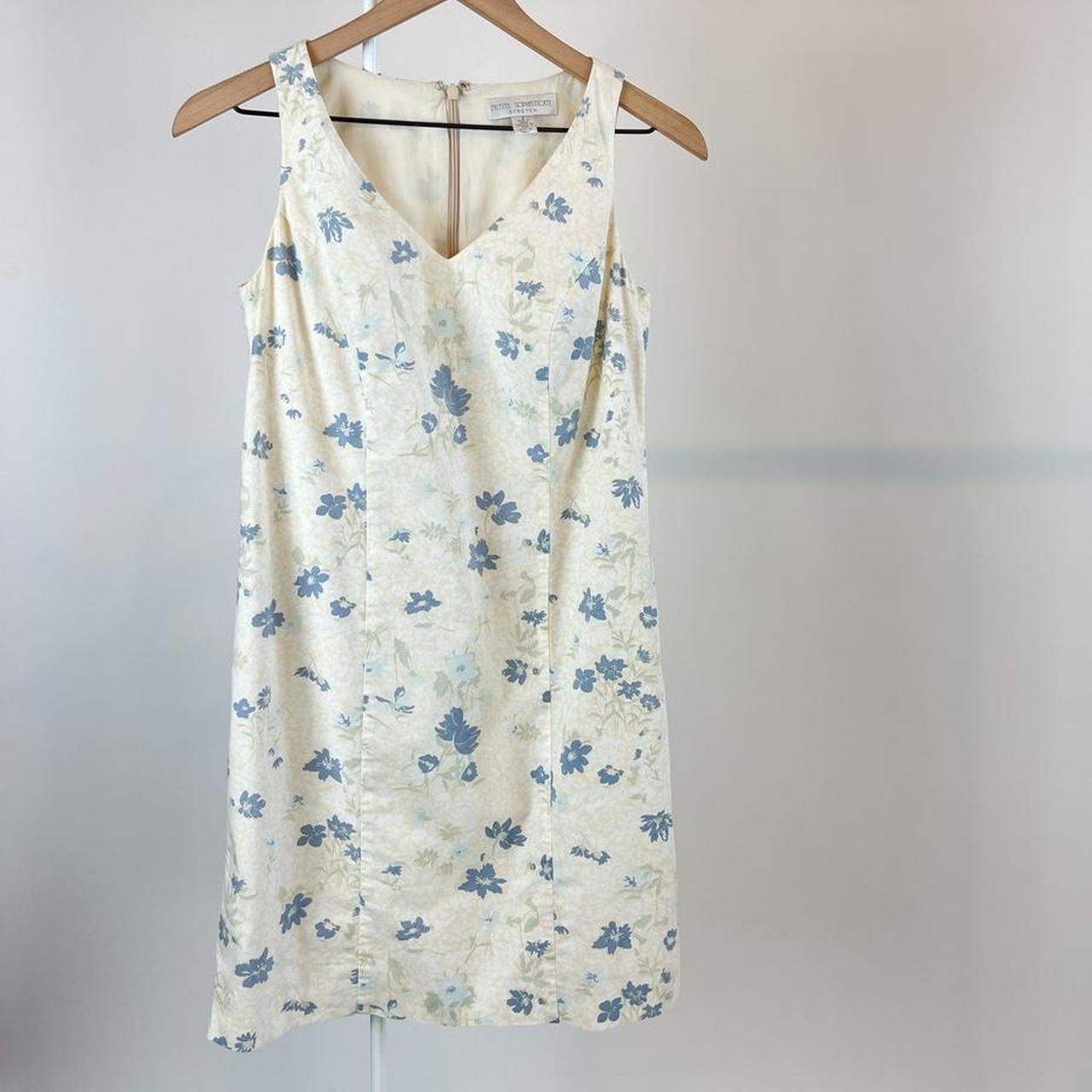 Petite Sophisticate Women's Cream and Blue Dress | Depop
