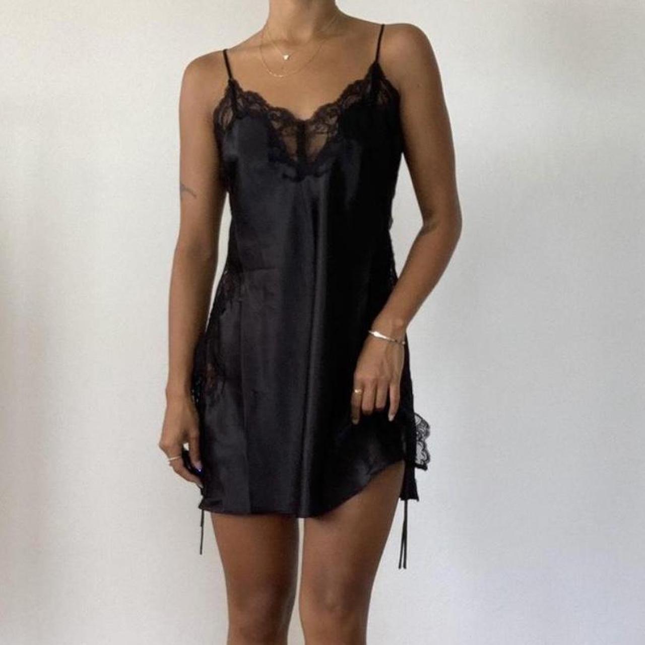 REPOP Black Satin Slip Dress With Lace Detailing... - Depop