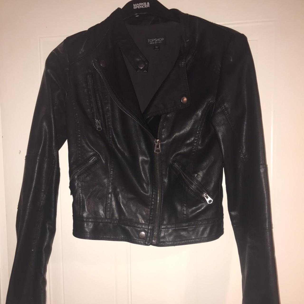 Black leather jacket topshop worn a handful of times... - Depop
