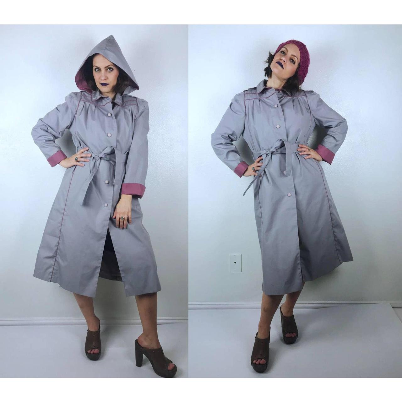 80s fall trench coat is light gray with puff sleeves... - Depop