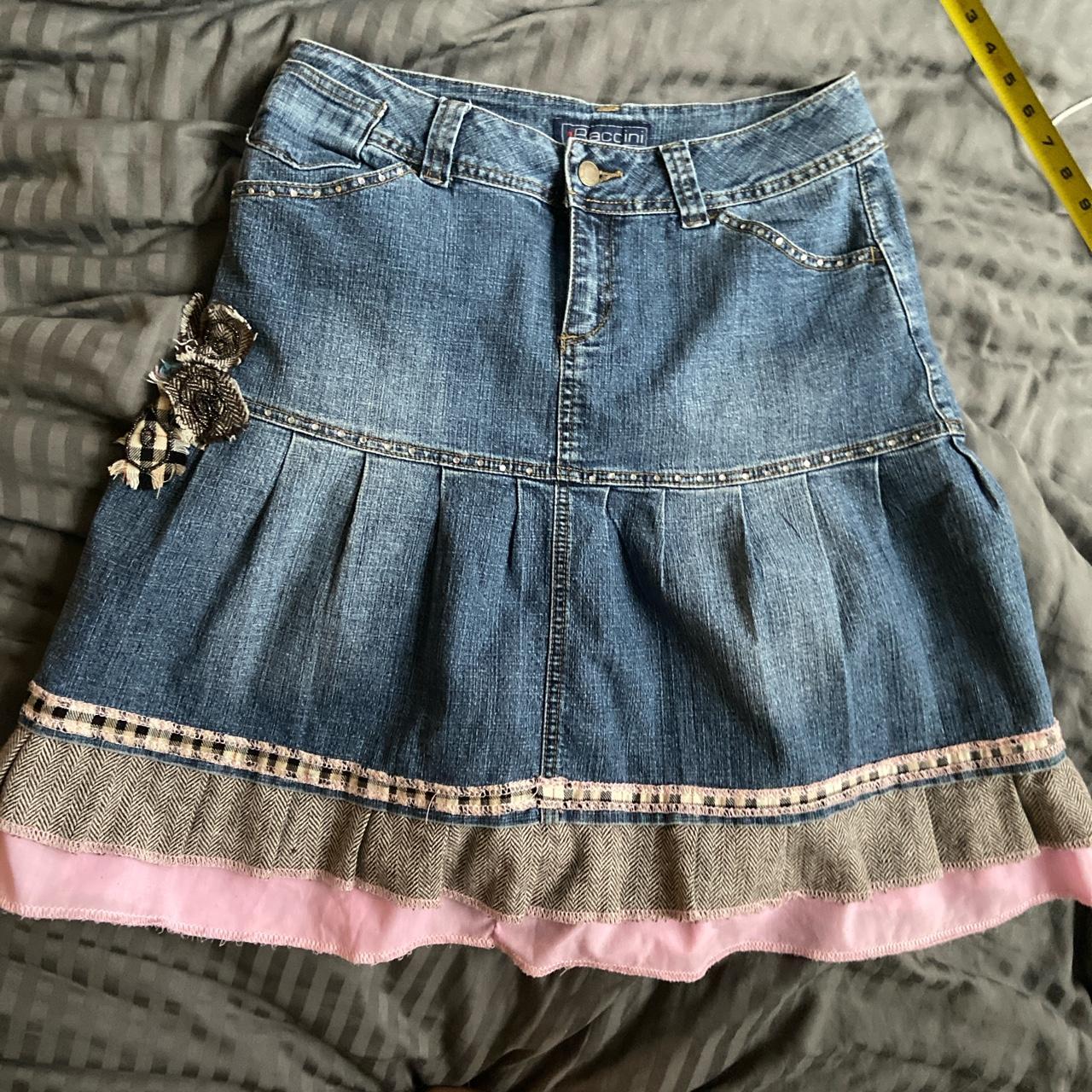 Blue denim pleated skirt skirt with pink and plaid... - Depop