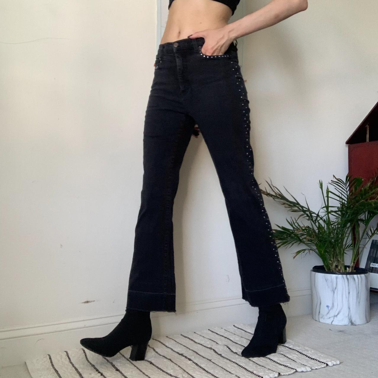 black flare leg mid rise stretchy denim jean with... - Depop