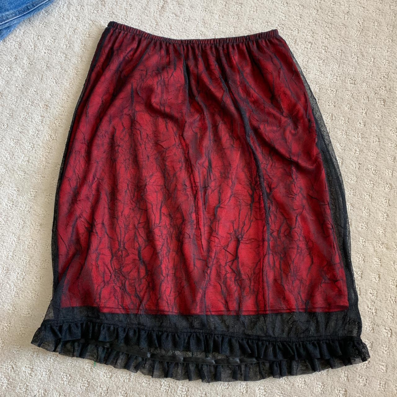 vintage red knee length skirt with black lacy... - Depop