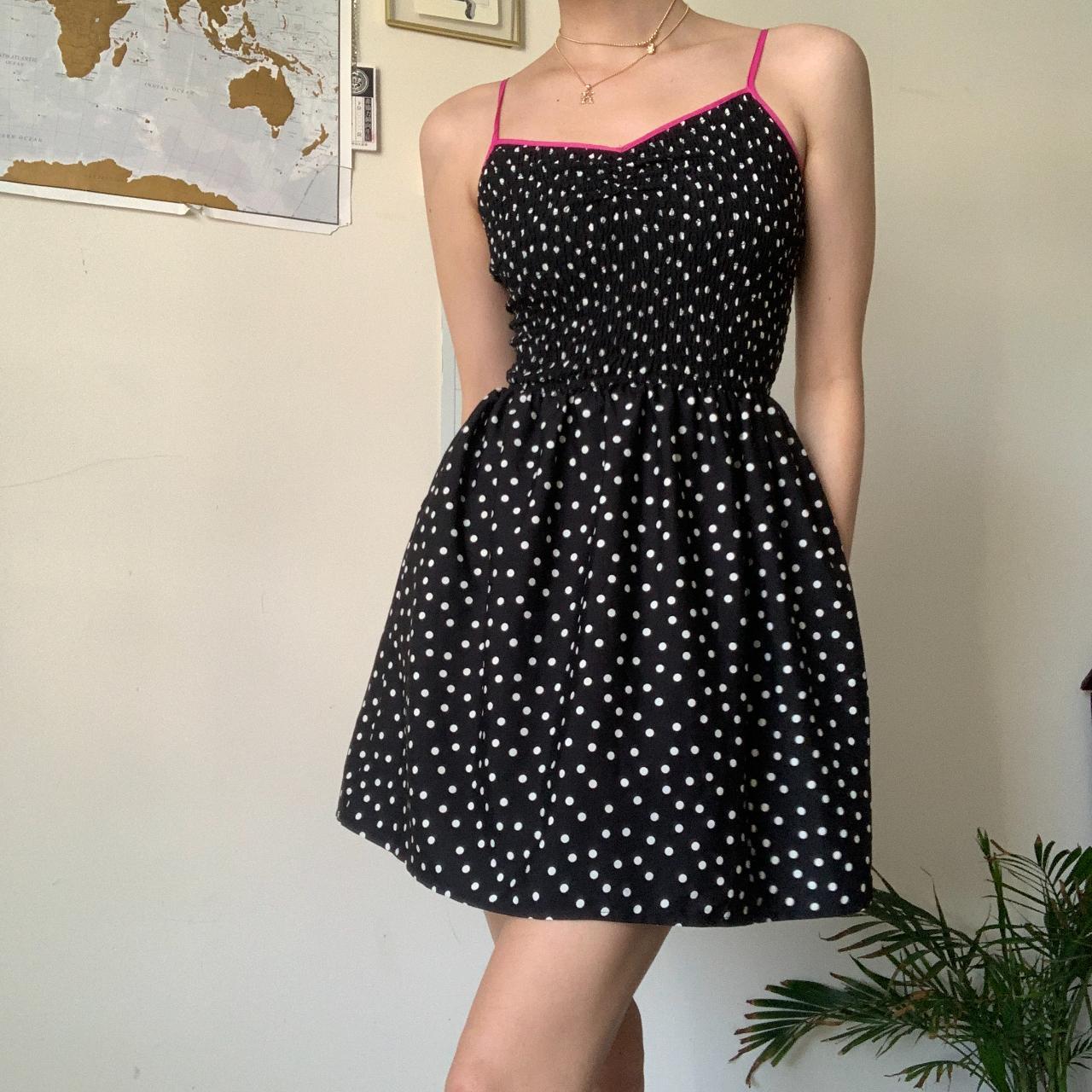 black with white polka dots dress with pink straps.... - Depop