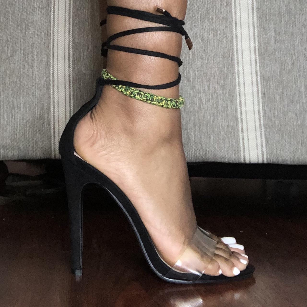 clear strap ankle tie heels