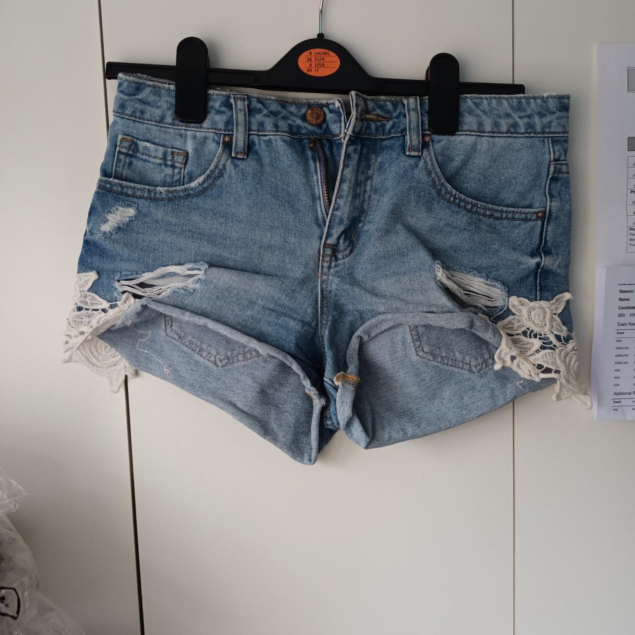 blue denim shorts with flower applique new look size... - Depop