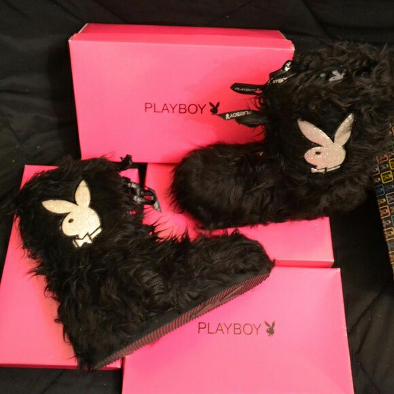 PLAYBOY Fuzz Booty Black Shaggy Bunny Boots Women's... Depop