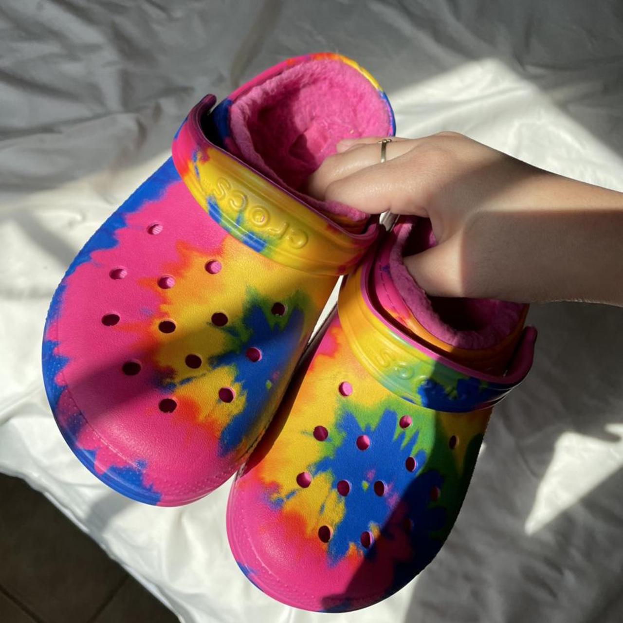 tie dye crocs with pink inside