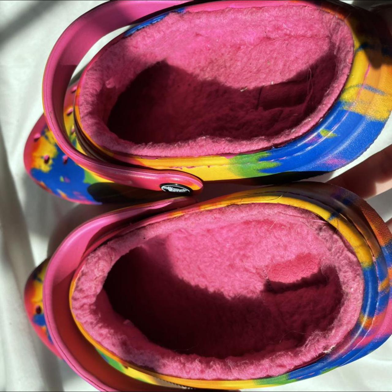 Pink tie dye crocs with fluff inside I hardly wore... - Depop