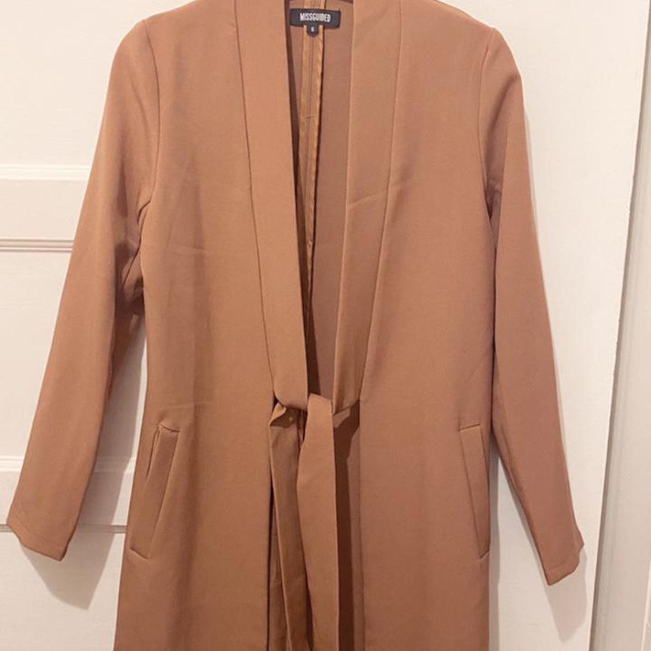 Missguided tan long blazer with front tie lapels.... Depop