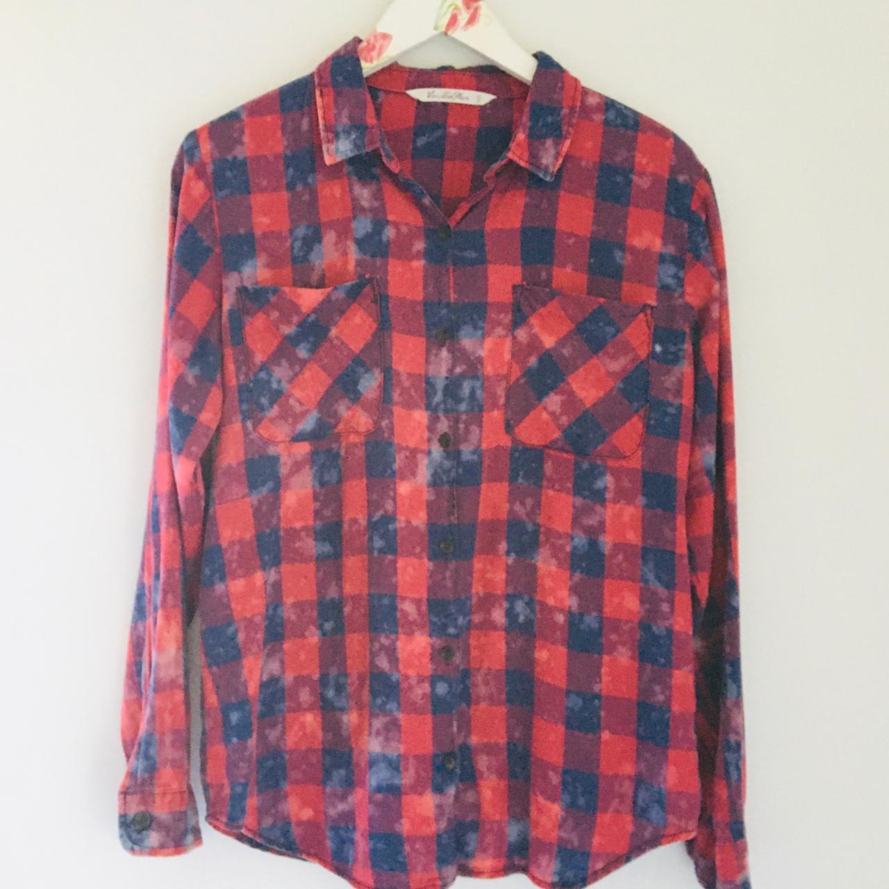 Red & blue plaid button down, long sleeve shirt with... - Depop