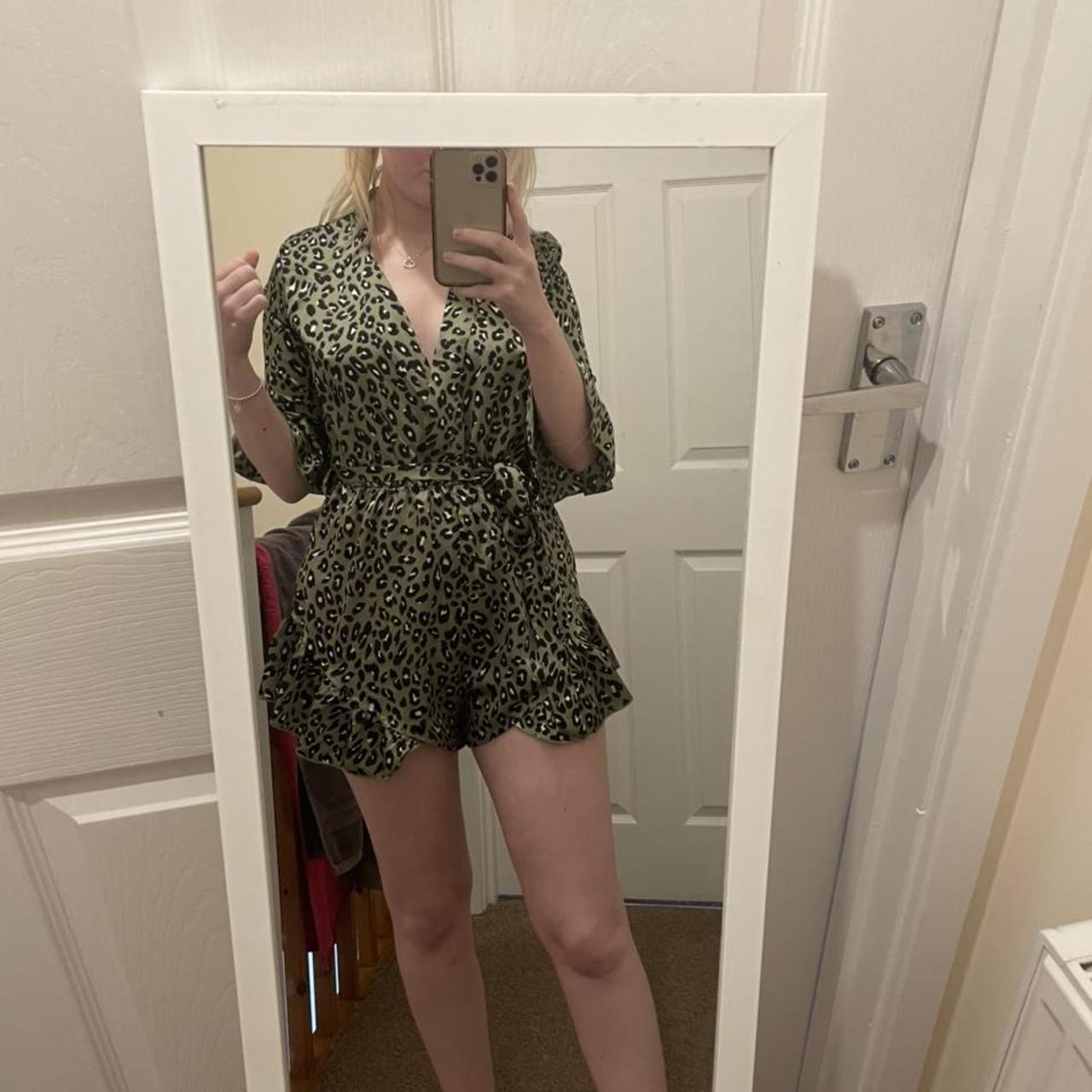 Boohoo satin playsuit Green leopard print