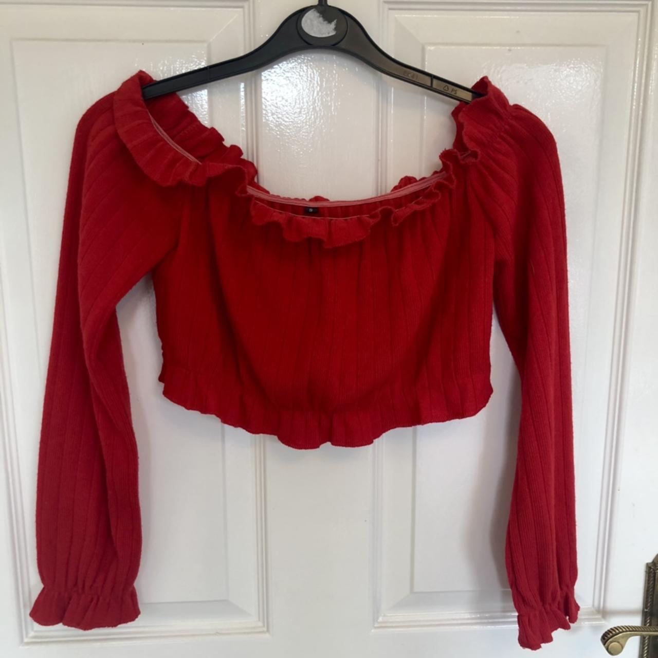 Lovely bright red off the shoulder crop top. Perfect... - Depop