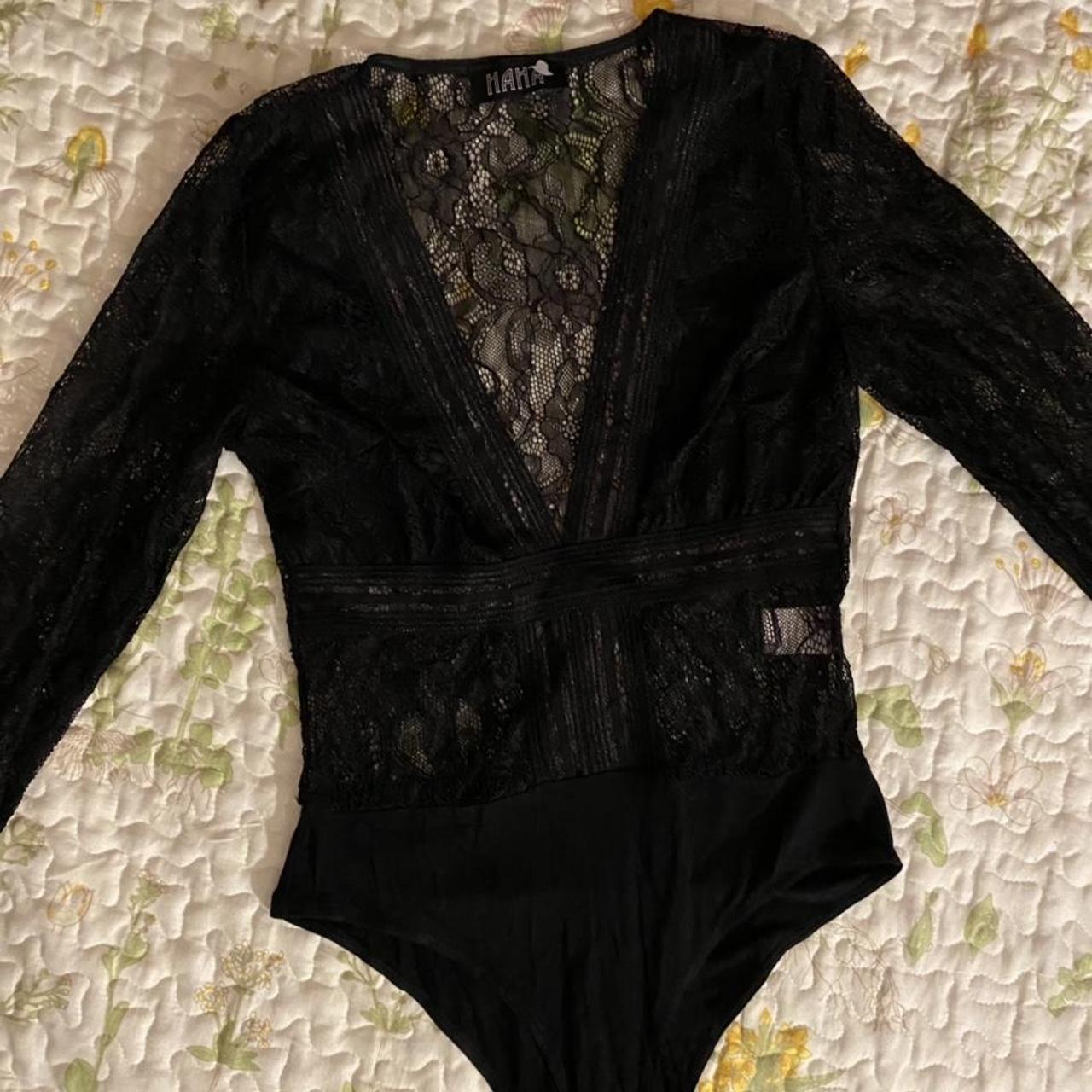 HAHA Sheer Mesh Lace Detailed V-Neck Bodysuit **... - Depop