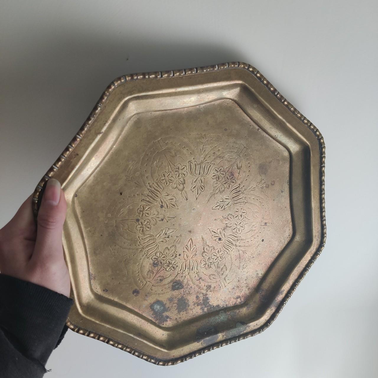 Vintage Octagonal Etched Brass Tray Decorative Ornate Floral