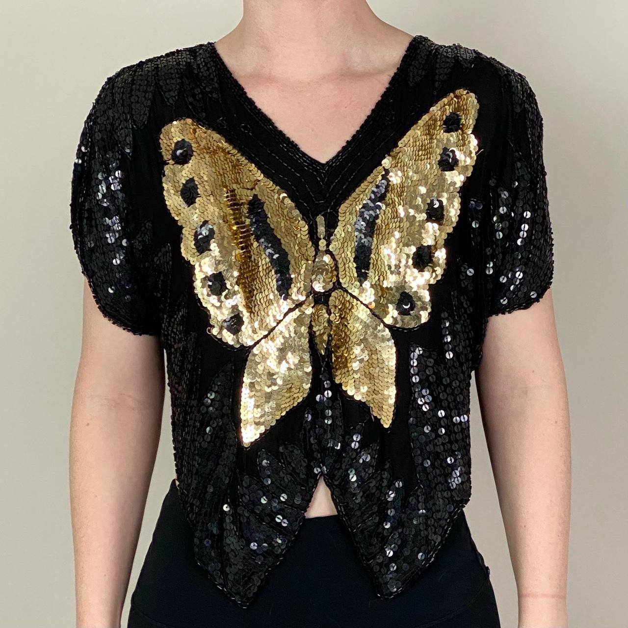Description vintage 90s beaded butterfly top. 100... Depop