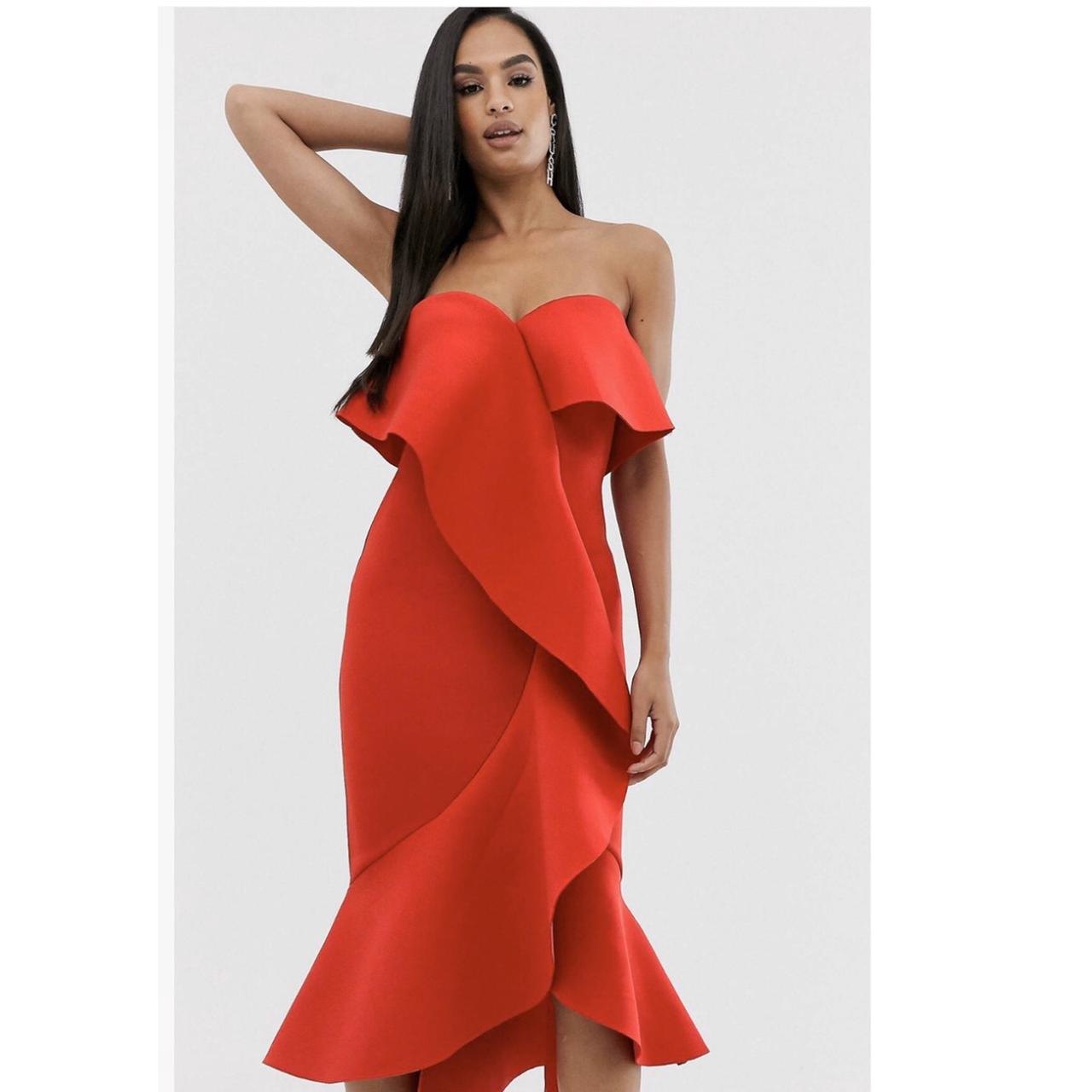 Lavish alice one shoulder scuba exaggerated frill midi dress best sale