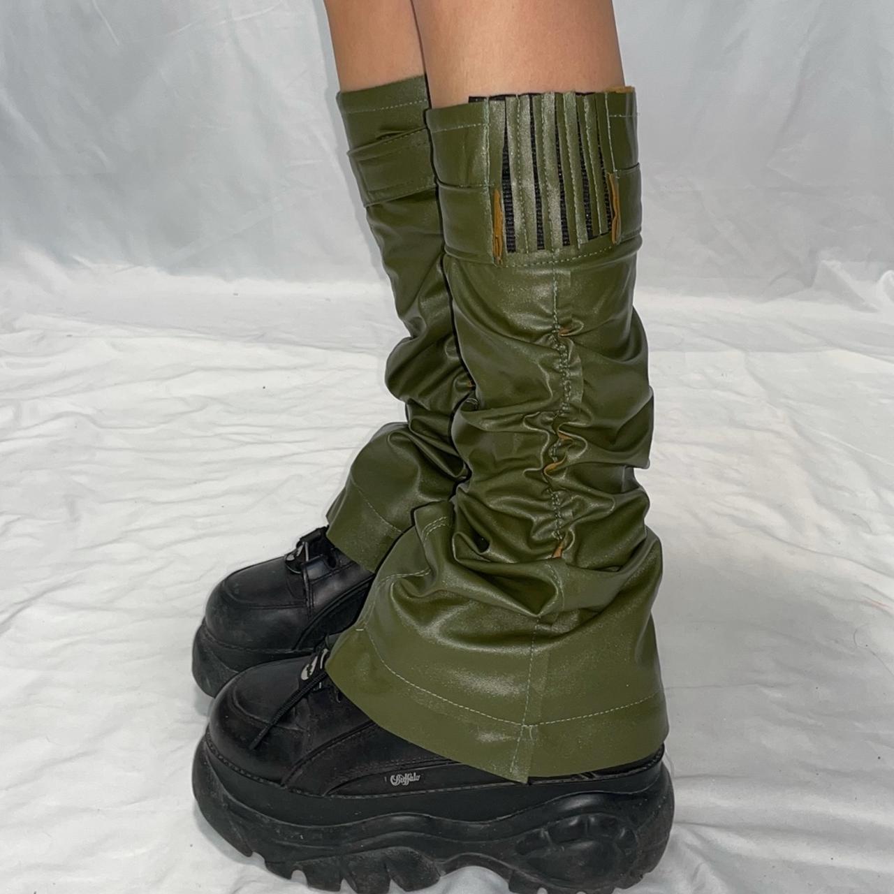 Harajuku navy green ruffles faux leather leg warmers... Depop