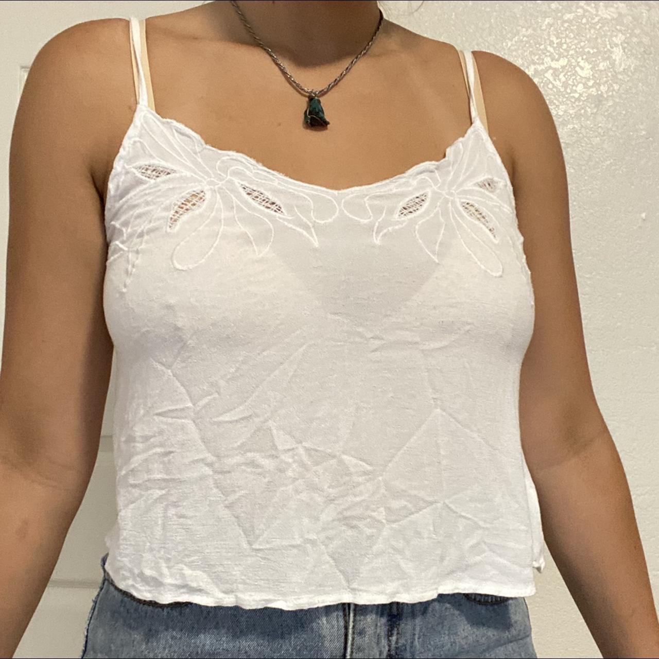 White brandy Melville flowy tank top with floral... - Depop