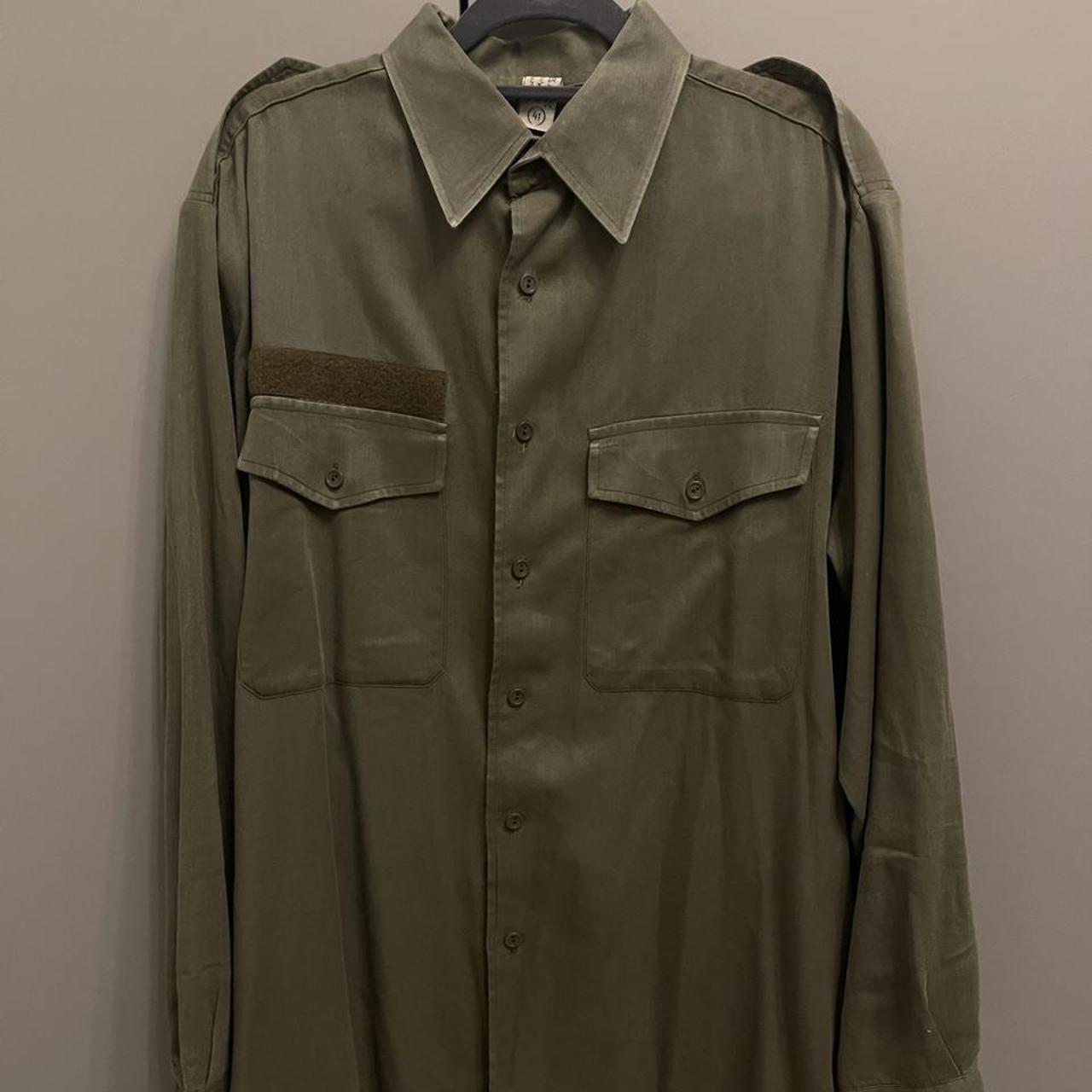 Khaki green vintage military style shirt with... - Depop