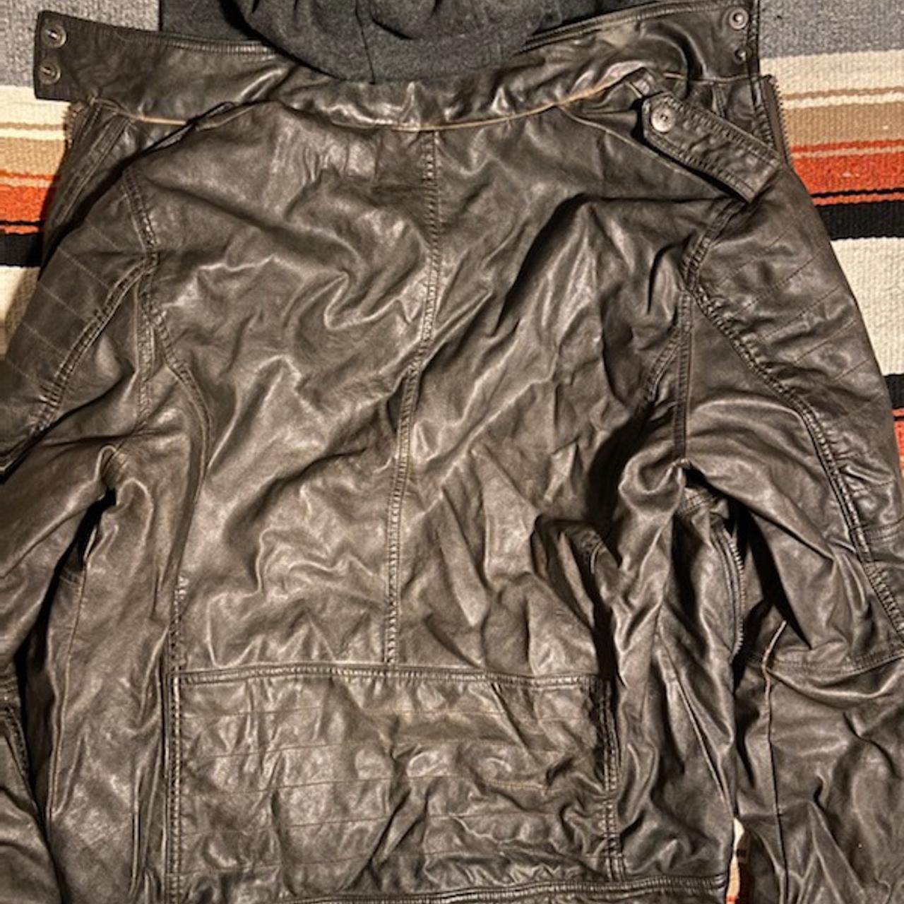 Faux leather jacket with hood. Size M. #fauxleather... - Depop