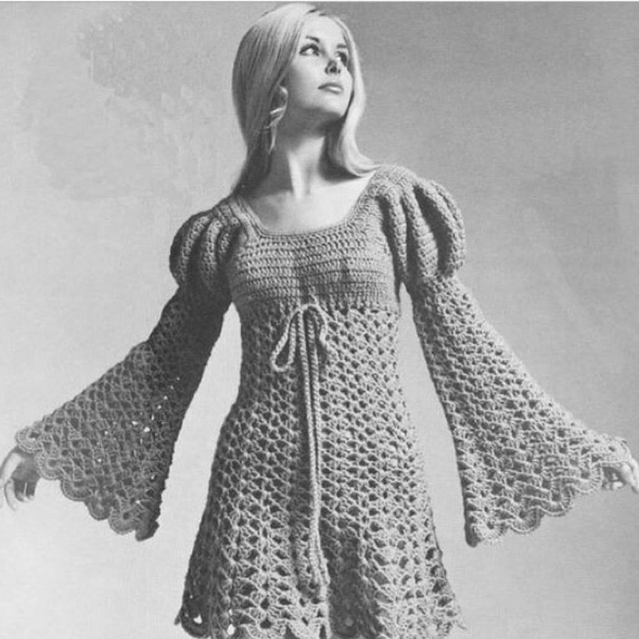 Cute 60s 70s style long sleeved crochet dress or Depop