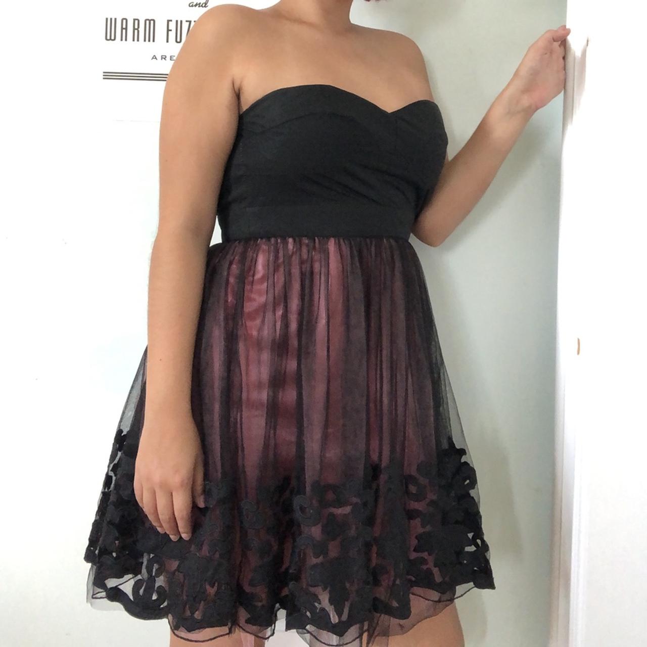 Black and Pink Strapless dress. Frilly material for - Depop