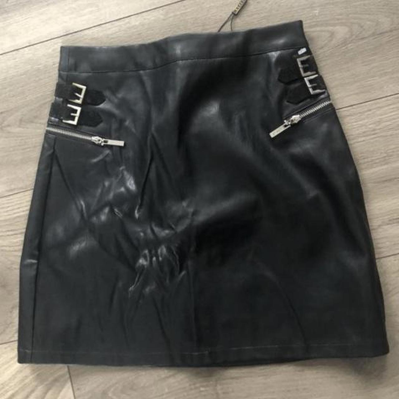 Lipsy black faux leather skirt with buckle... - Depop