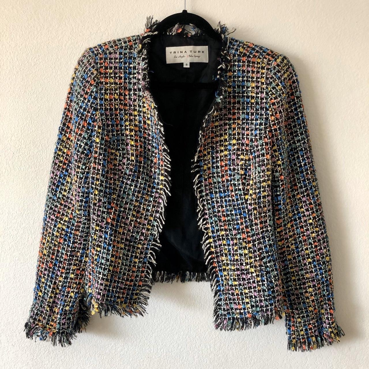 Trina Turk multicolored tweed open jacket in a size... - Depop