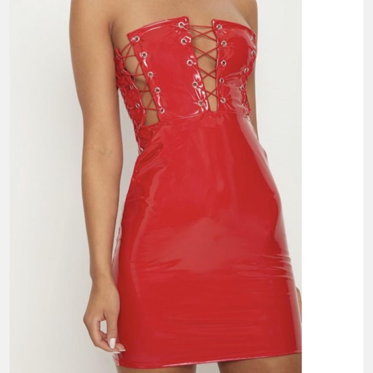 Prettylittlething red vinyl bodycon dress Bought. Depop