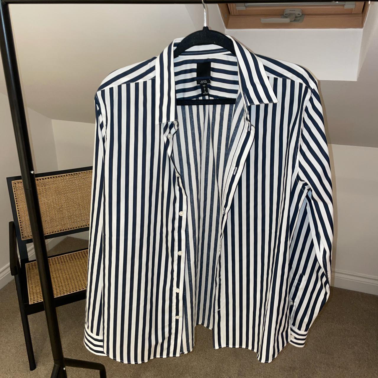 - White and Navy striped shirt - H&M - Large - Depop