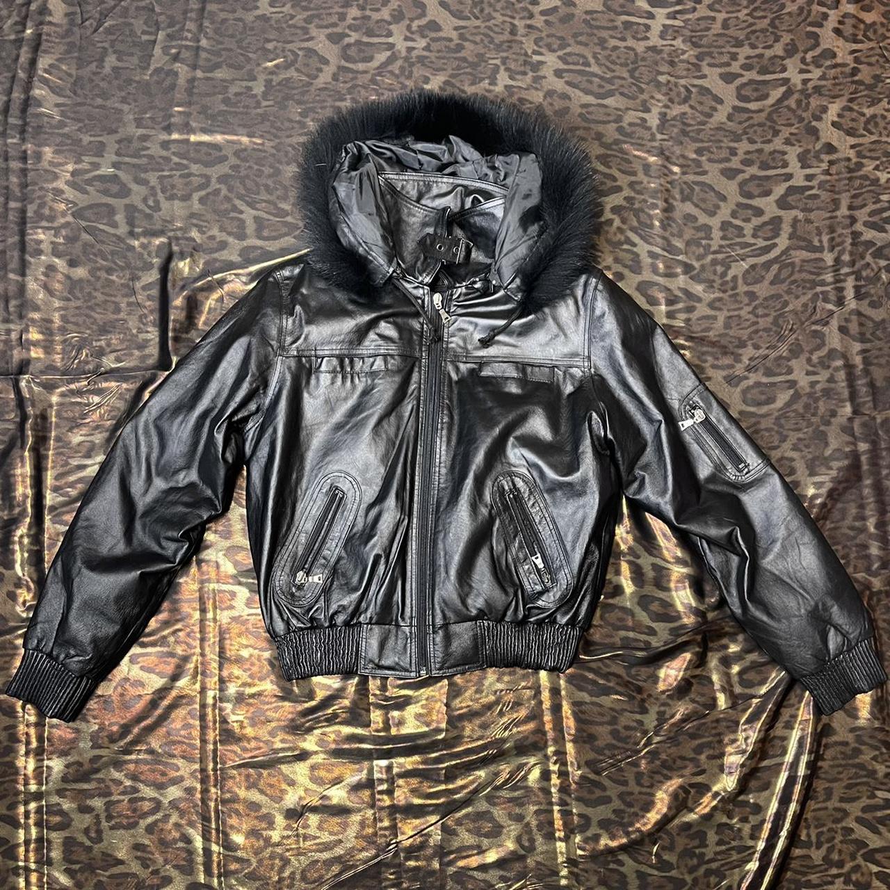 Black leather bomber jacket with removeable fur hood... - Depop