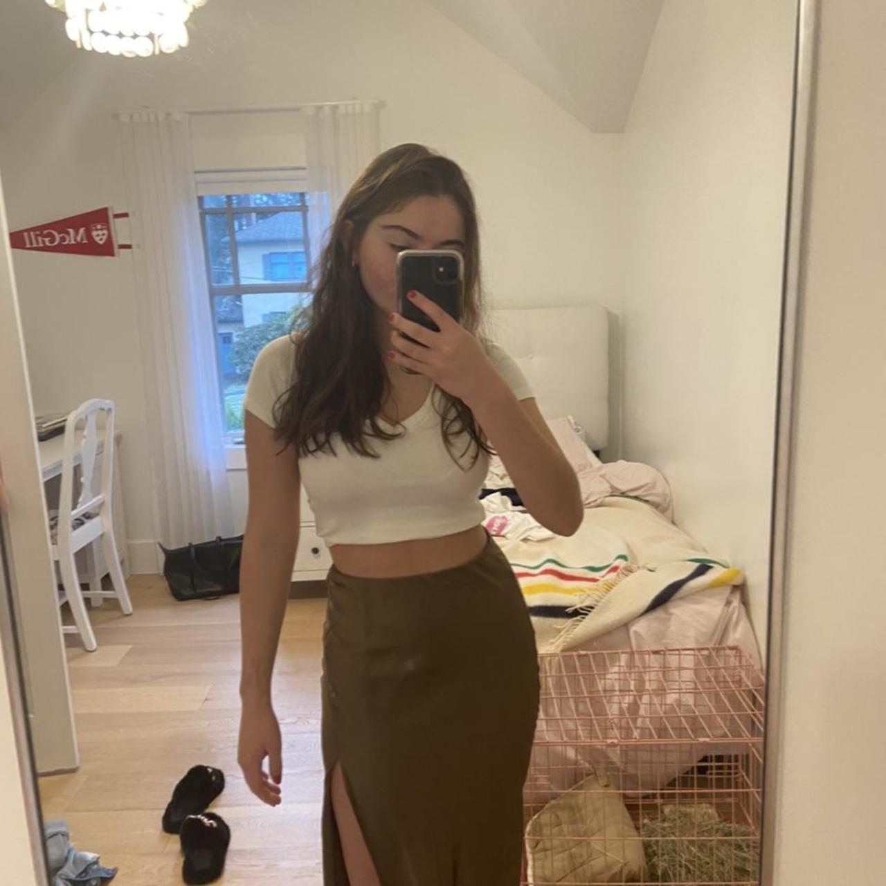 MIDI olive green silky skirt with slit. Got it at... - Depop