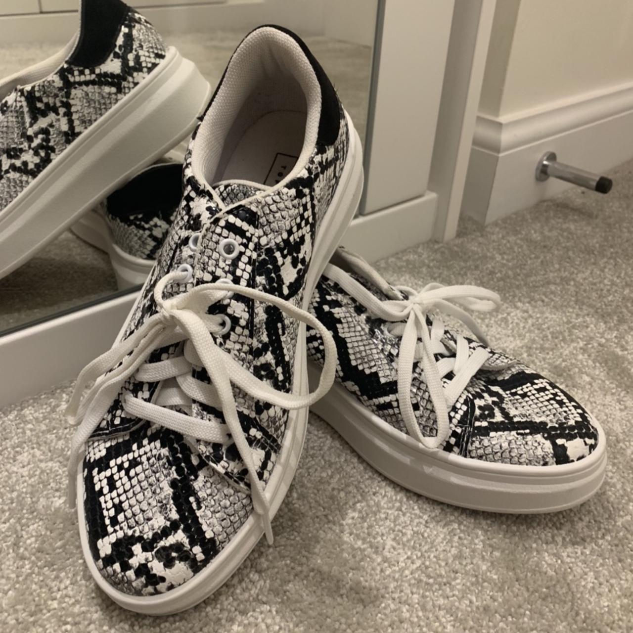 Topshop black and white snake print trainers. Only... - Depop