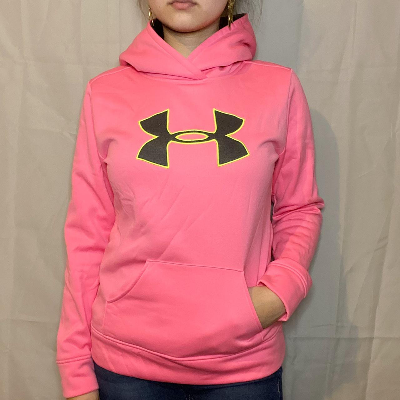 pink under armour hoodie pink dark grey and neon. Depop